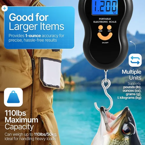 Miniatura 5 de Flexzion Báscula digital para colgar – Báscula portátil de equipaje de 110 lb/50 kg y báscula de pescado con retroiluminación electrónica LCD