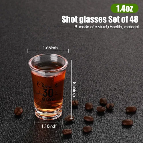 Miniatura 3 de Sliner Paquete de 48 vasos de chupito de cumpleaños a granel de 1.4 onzas con texto en inglés "Cheers to 30/40/50/60/70/80 años", base gruesa Negro