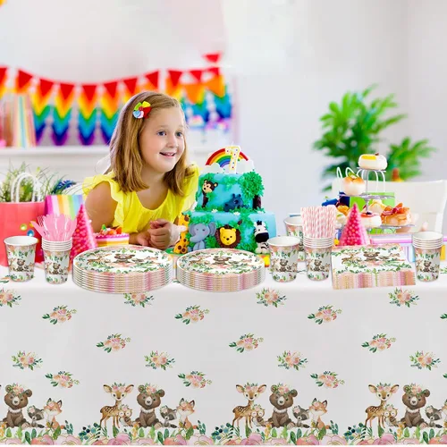 Miniatura 6 de APOWBLS Decoración de baby shower de bosque para niña, vajilla para niña, suministros de fiesta de cumpleaños con temática de animales del bosque