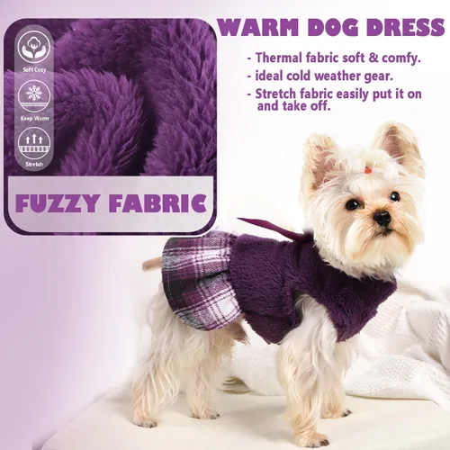Miniatura 5 de Suéteres para perros pequeños y niñas, vestido suéter, dobladillo a cuadros, cuello alto, ropa mullida para mujer, abrigo cálido para mascotas, ropa