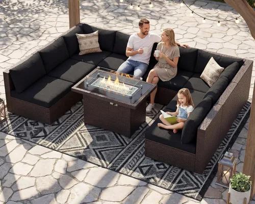 Miniatura 85 de NICESOUL Juego de muebles de patio para exteriores de 7 piezas con mesa para hoguera, gas natural y propano convertible, respaldo alto de 29.3