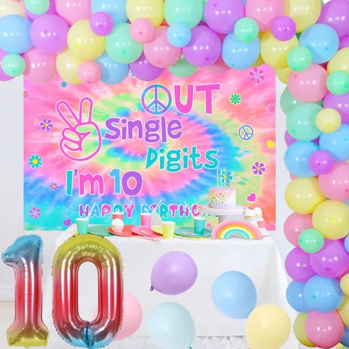 Miniatura 4 de Decoraciones de cumpleaños número 10 para niñas, juego de guirnalda de globos de macarrón con un solo dígito con texto en inglés "I'm 10" Backdrop