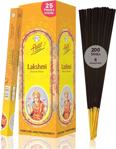 Flute Lakshmi - Varitas de incienso floral de loto para prosperidad, abundancia y alegría, 8 varillas/paquete, 25 paquetes/caja (9 pulgadas, 200