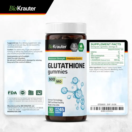 Miniatura 7 de BIO KRAUTER® Suplemento de glutatión para la piel y apoyo antioxidante, gomitas de glutatión de 500 mg para una piel clara y belleza, 90 gomitas