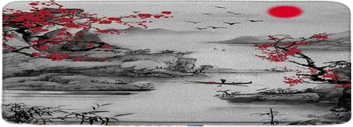 Miniatura 6 de Alfombra de baño de decoración asiática, ramas de ciruelo rojo, árboles japoneses, sol y montañas brumosas, arte de tinta tradicional china