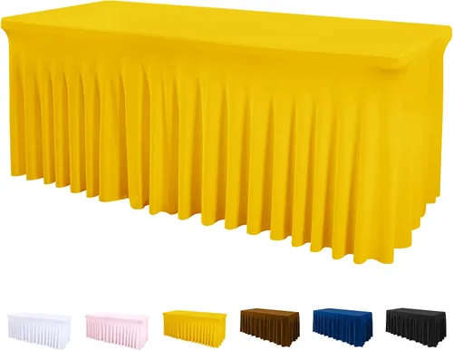 Miniatura 14 de Mantel de una pieza y falda para mesas rectangulares, mantel ajustable de elastano de 6 pies con falda de volantes para bodas, banquetes, baby Negro