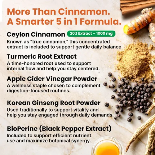 Miniatura 3 de Polvo de Canela de Ceilán 5 en 1 Extra Fuerte – Cápsulas Orgánicas de Canela de Ceilán con Cúrcuma, Vinagre de Sidra de Manzana, Ginseng Coreano