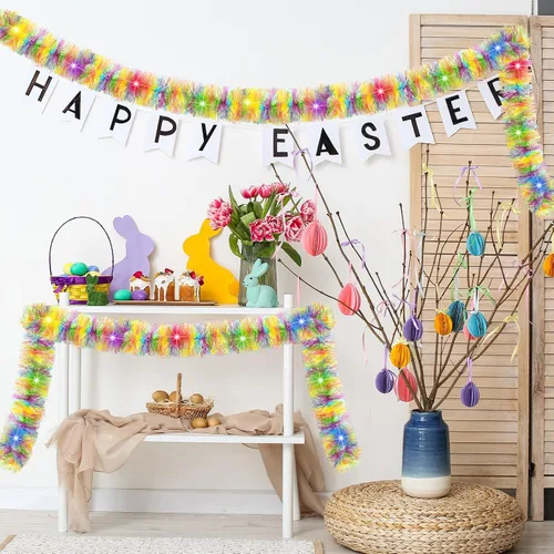 Miniatura 5 de Chuangdi Guirnalda de oropel de Pascua de 16.4 pies con tira de luces LED, guirnalda de alambre metálico con alambre metálico, decoración