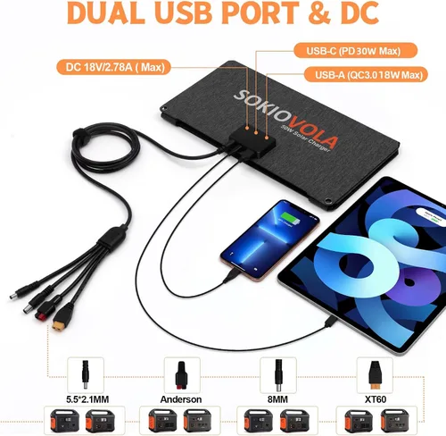 Miniatura 2 de SOKIOVOLA [Actualizado] Paneles solares plegables 50W Cargador de panel solar portátil 3 puertos de salida (USB-A USB-C DC) Panel solar plegable