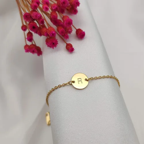 Miniatura 3 de Pulsera con dije de inicial para mujer, chapada en oro de 18 quilates, acero inoxidable, con disco de moneda, grabada, pulsera personalizada
