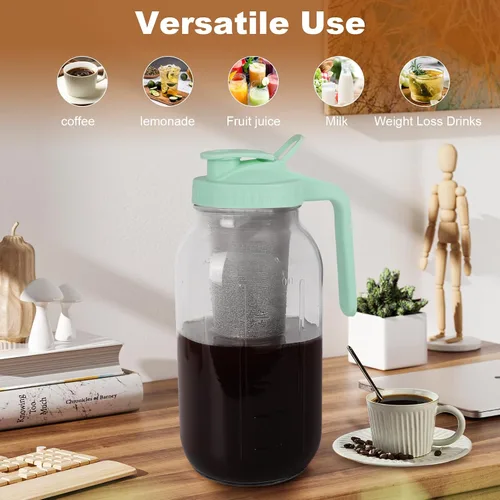 Miniatura 6 de Cafetera de preparación en frío, jarra Mason de boca ancha de 64 oz con filtro de acero inoxidable, tapa con asa y pico vertedor, vidrio resistente