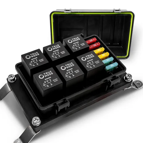 True Mods 12V DC Auto Caja de fusibles impermeable con relé de 5 pines [6 soportes de fusibles ATC/ATO] Caja de bloque de relé universal de 6 pines