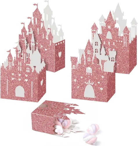 Miniatura 8 de Chrisfall 24 cajas de dulces de castillo de princesa con purpurina, decoración de fiesta de castillo de princesa, cajas de regalo de cumpleaños