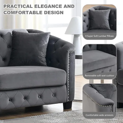 Miniatura 4 de Juego de 2 sofás modernos de terciopelo Chesterfield de 77" para 3 plazas + 59" loveseat, tapizados con respaldos capitoné con brazos de tachuelas
