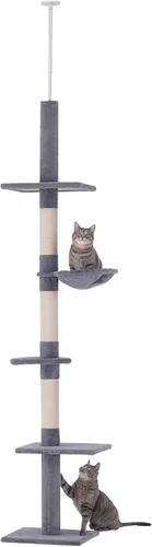 PawHut Árbol para gatos de piso a techo de altura ajustable de 102 pulgadas, torre para gatos de 5 niveles con postes rascadores, hamaca, gris