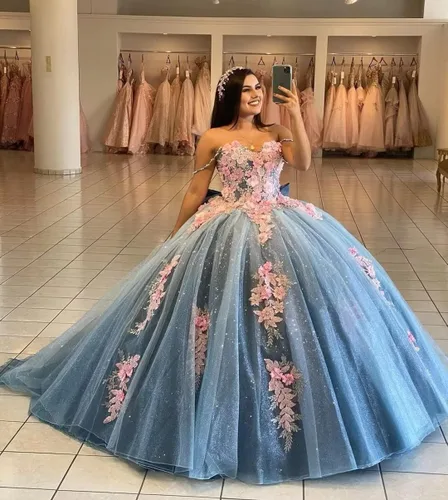 Miniatura 4 de Mauuwy Vestidos de quinceañera con hombros descubiertos, vestido de baile de tul hinchado dulce 16 vestidos largos de encaje brillante vestido