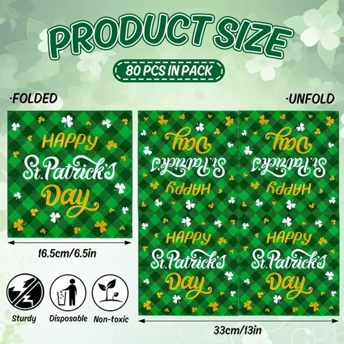 Miniatura 2 de Whaline 80 servilletas de papel con texto en inglés «Happy St. Patrick's Day» de búfalo verde irlandés, servilletas desechables decorativas