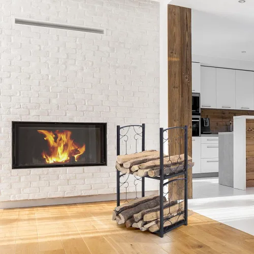 Miniatura 5 de PHI VILLA Estante de leña de 2 capas resistente, soporte de doble capa para leña de chimenea, estante de almacenamiento con clasificación