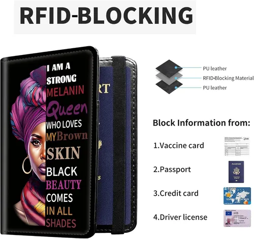 Miniatura 3 de RYUITHDJP Combo de portatarjetas de pasaporte y vacunación con bloque de señal RFID, diseño de belleza de niña negra, funda de cuero para tarjeta