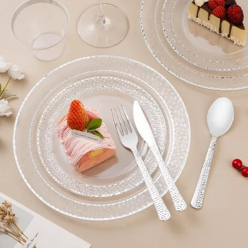 Miniatura 5 de Bestluck 350 piezas platos de plástico transparente con ribete plateado para 50 invitados, juego de vajilla desechable para fiestas y bodas, incluye