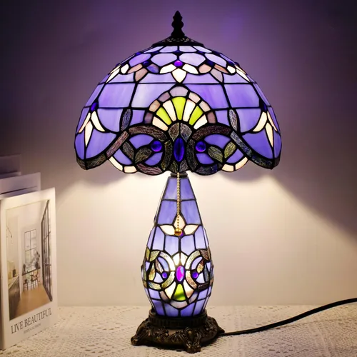 Miniatura 6 de Lámpara de Estilo Tiffany de Vidrio Manchado Azul Barroco de Mesa de 12X19 Pulgadas, Vaso Madre-Hija, Luz de Lectura para Escritorio, Decoración