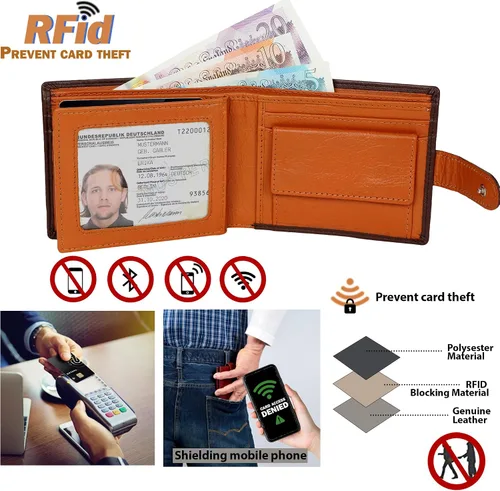 Miniatura 5 de StarHide Billetera para hombre con bloqueo RFID, de piel real, compacto, con bolsillo, tarjetero para identificación, 1075, marrón y marrón, Marrón