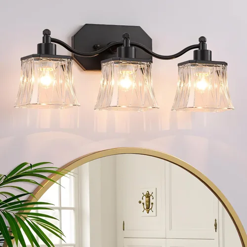 Accesorios de iluminación de tocador de baño, luces de tocador vintage de 3 luces en negro mate con pantallas de vidrio de cristal, accesorios de