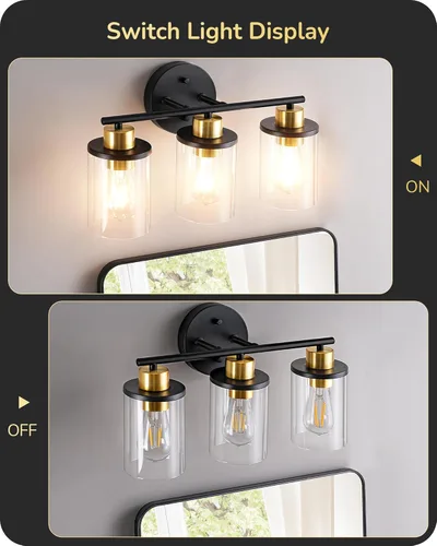 Miniatura 5 de EDISHINE Lámparas de baño, 3 luces de tocador de baño sobre el espejo, lámpara moderna de pared de baño con pantalla de vidrio transparente