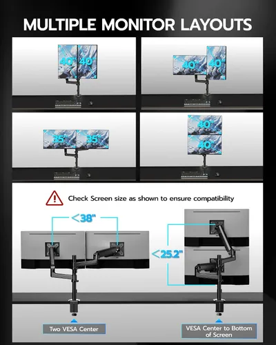 Miniatura 9 de ARES WING Soporte para Monitor Dual - Brazo de Monitor Ultraancho para Pantalla Curva de Servicio Pesado de 17 a 40 Pulgadas hasta 26.4 libras
