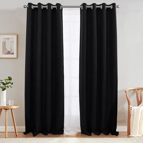 Miniatura 12 de jinchan Cortinas opacas con textura de lino negro para dormitorio, sala de estar, 2 paneles de 84 pulgadas de largo, con aislamiento térmico