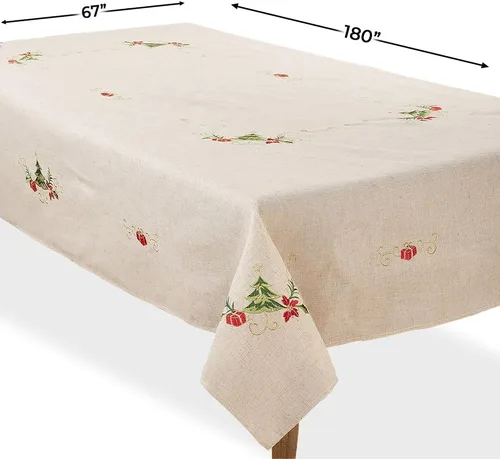 Miniatura 2 de SARO LIFESTYLE Mantel bordado de mezcla de lino con diseño de árbol de Navidad, natural, 67 x 180 pulgadas