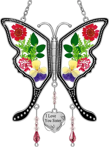 Miniatura 2 de KY&BOSAM Atrapasoles de mariposa con texto en inglés "I Love You Sister" para ventanas con flores secas y prensadas reales, dije de corazón grabado
