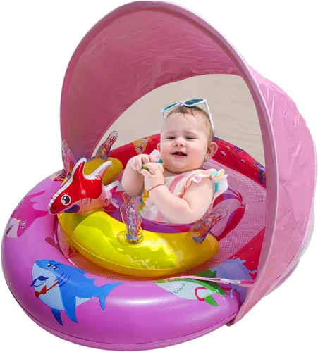 Flotador inflable de piscina para bebés con toldo de protección solar UPF50+, asiento de seguridad ajustable y consola de juegos interactiva de