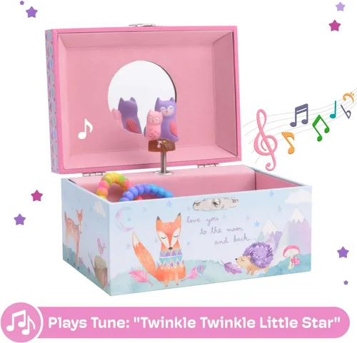 Miniatura 4 de Jewelkeeper Caja de almacenamiento de joyería musical para niña con búhos giratorios, diseño de bosque, Twinkle Twinkle Little Star Tune