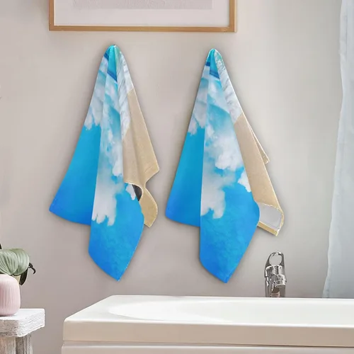 Miniatura 3 de Paquete de 2 toallas de mano para baño, microfibra absorbente azul y blanco con paisaje costero de verano, toallas de cocina de secado rápido