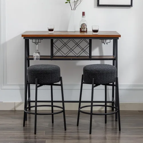 Miniatura 8 de Juego de 2 taburetes de bar modernos de altura de mostrador, taburetes de bar giratorios negros Boucle para isla de cocina, cómodas sillas tapizadas