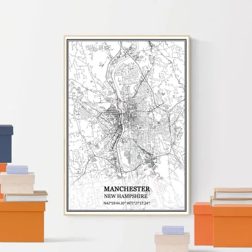 Miniatura 4 de TANOKCRS Manchester New Hampshire USA - Póster impreso en lienzo con diseño de mapa de Estados Unidos, sin marco, moderno, en blanco y negro, regalo
