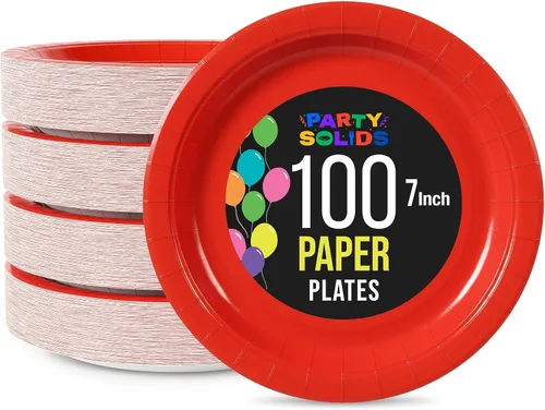 Exquisite Party Solids - Platos desechables de papel rojo de 7 pulgadas, platos desechables rojos para fiestas, 100 unidades, 350 GSM, suministros