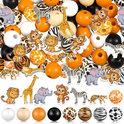 Glenmal 200 cuentas de madera de animales de la selva, lindos animales, cuentas coloridas con estampado de vaca, leopardo, tigre, jirafa,