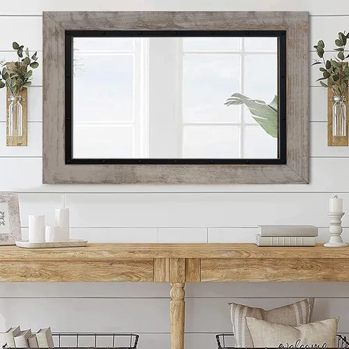 Miniatura 2 de YOSHOOT Espejo de pared con marco de madera rústica, 32 x 24 pulgadas, espejo de tocador de baño de madera natural y hierro para decoración