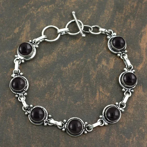 Miniatura 10 de Round Shape Natural & Synthetic Gemstones Silver Plated Bracelets for Women - Vintage Bohemian Style Handmade Birthstone Adjustable Link Bracelet