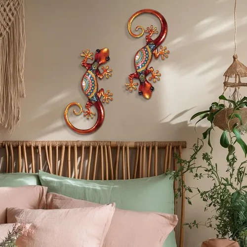 Miniatura 5 de LIFFY Arte Decorativo de Pared de Metal con Lagarto - Paquete de 2 Decoraciones de Pared de Metal de 15 Pulgadas, Escultura Colgante de Vidrio