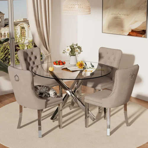 Juego de comedor pequeño redondo de cristal transparente para 4, 39 pulgadas, moderno juego de mesa circular de cocina de mediados de siglo, sillas