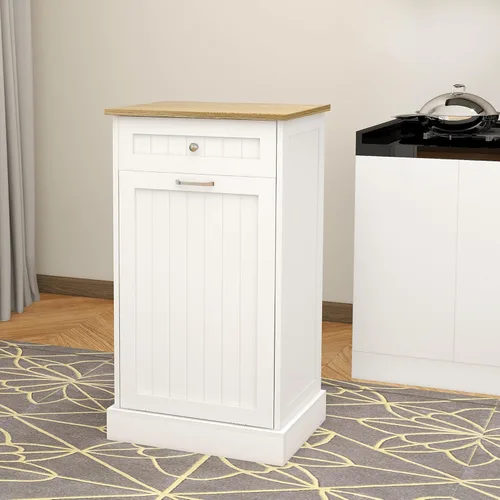 Miniatura 11 de RASOO Gabinete de basura de doble inclinación hacia fuera, cesta de lavandería independiente de madera con 2 cajones, cubo de basura de cocina