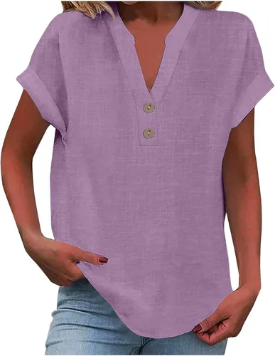 Miniatura 26 de Camisas de lino para mujer 2025 verano casual cuello en V botón abajo manga corta tops moda cómodo negocio trabajo blusas, beige (A-Beige)