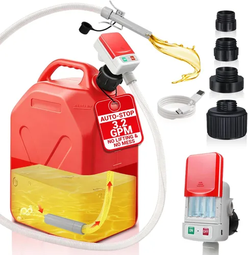HiNADA Bomba de transferencia de combustible de parada automática: USB tipo C o alimentación de batería, portátil de 3.2 GPM con manguera extra
