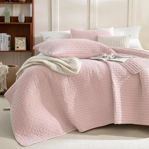 Sanracie Juego de ropa de cama de tamaño individual lavado a la piedra (68 x 86 pulgadas), algodón prelavado, color rosa claro, arrugado, ultra
