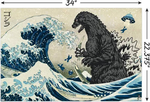 Miniatura 3 de Godzilla - Póster de pared Great Wave de 34 pulgadas de largo x 22.4 pulgadas de ancho, versión sin marco