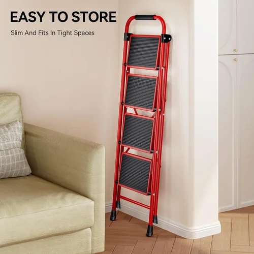 Miniatura 7 de KINGRACK Escalera plegable de 4 escalones, escalera de acero de seguridad resistente de alta resistencia con pasamanos y pedales anchos para Rojo