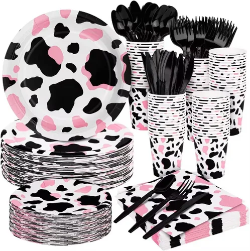 Durony 350 piezas juego de vajilla de fiesta rosa con estampado de vaca que incluye platos, tazas, servilletas, cuchillos, tenedores, cucharas de